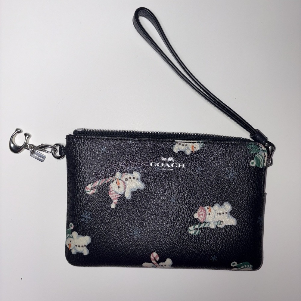 Coach Corner Zip Wristlet With Snowman Print Silver/Midnight Multi C7401